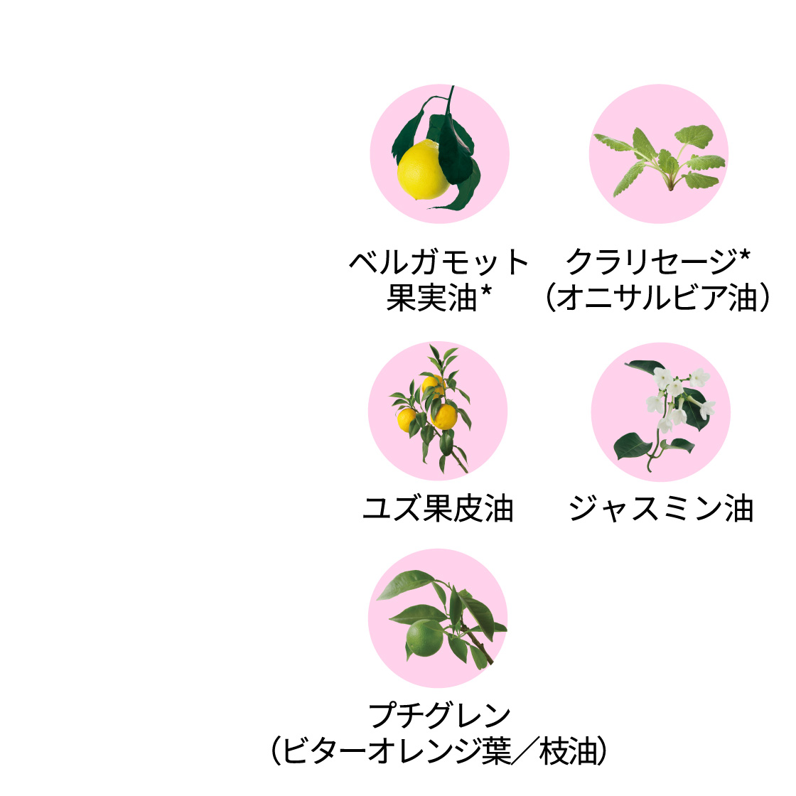 ベルガモット果実油*/クラリセージ*（オニサルビア油）/ユズ果皮油/ジャスミン油/プチグレン（ビターオレンジ葉／枝油）
