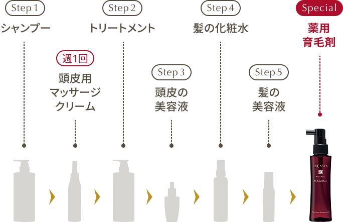 Step1：シャンプー。週1回：頭皮用マッサージクリーム。Step2：トリートメント。Step3：頭皮の美容液。Step4：髪の化粧水。Step5：髪の美容液。Special Care：薬用育毛剤。